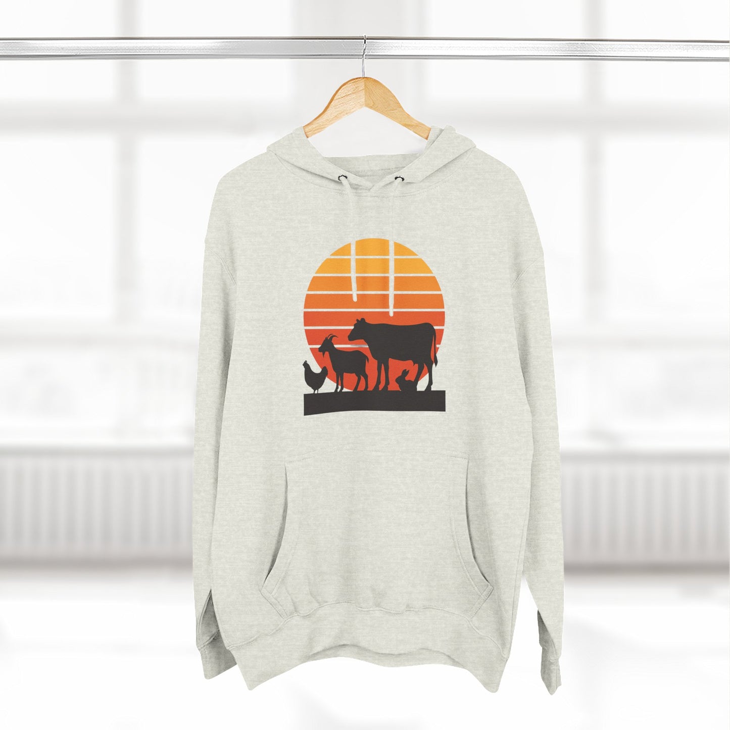 Sunset Farm Animals Hoodie — Retro Cow, Horse & Chicken Graphic