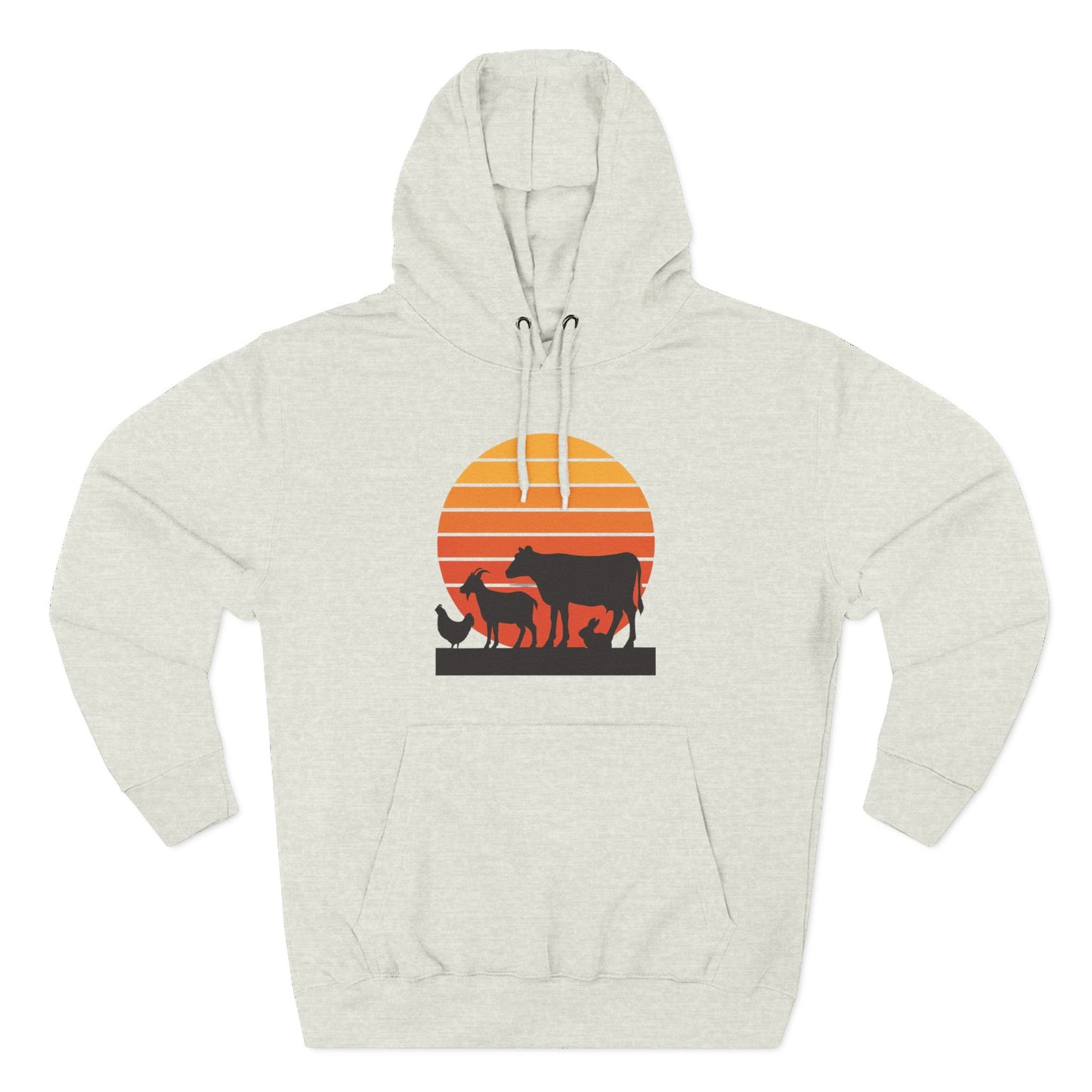Sunset Farm Animals Hoodie — Retro Cow, Horse & Chicken Graphic