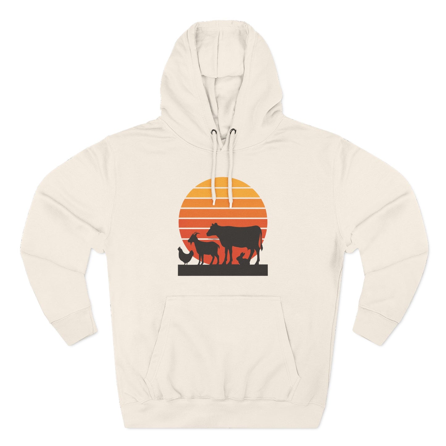 Sunset Farm Animals Hoodie — Retro Cow, Horse & Chicken Graphic