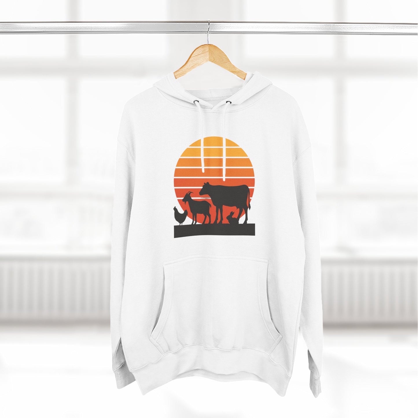 Sunset Farm Animals Hoodie — Retro Cow, Horse & Chicken Graphic