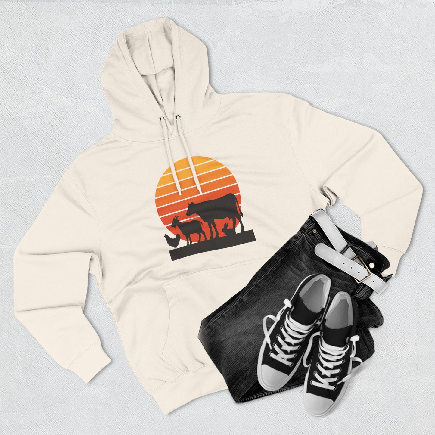 Sunset Farm Animals Hoodie — Retro Cow, Horse & Chicken Graphic