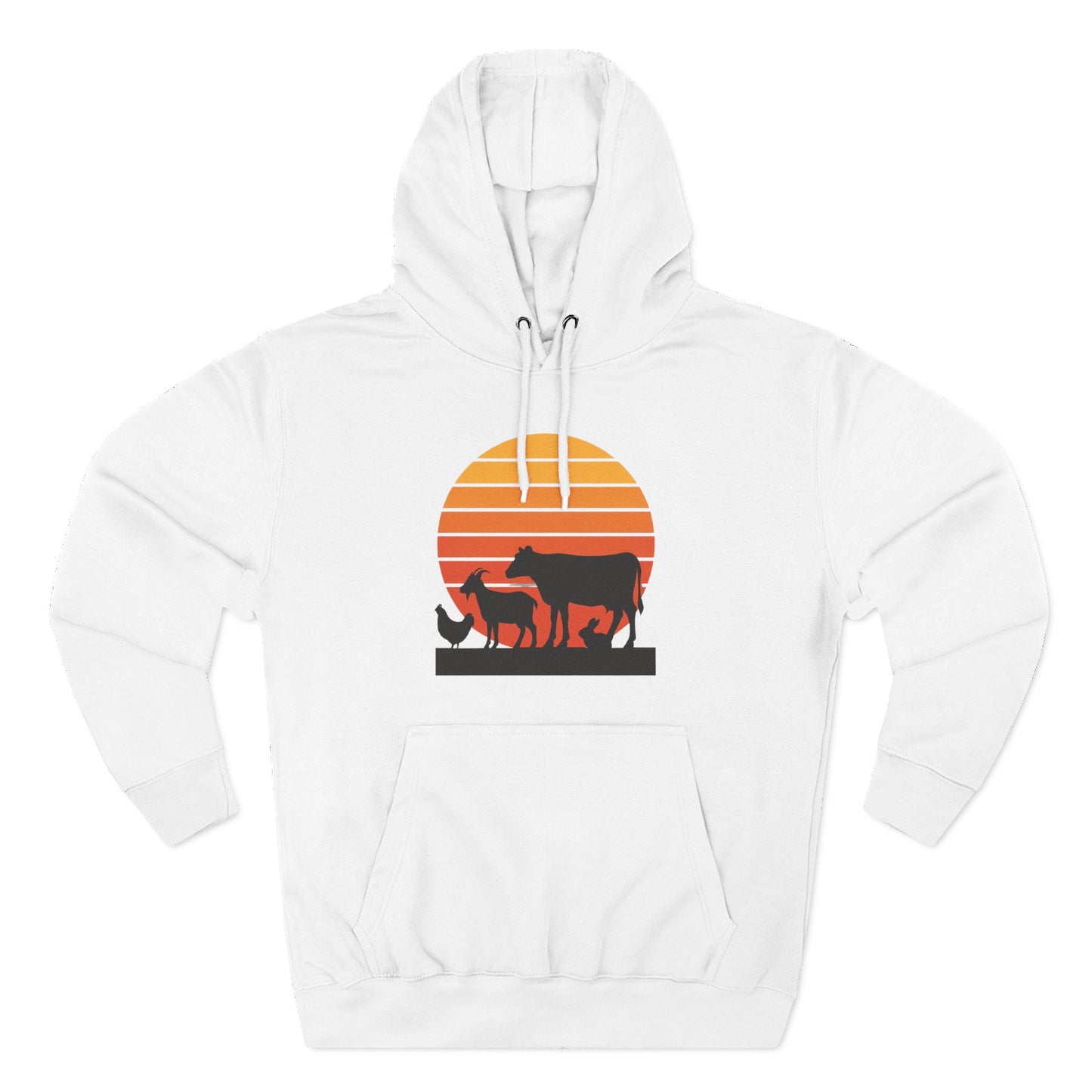 Sunset Farm Animals Hoodie — Retro Cow, Horse & Chicken Graphic