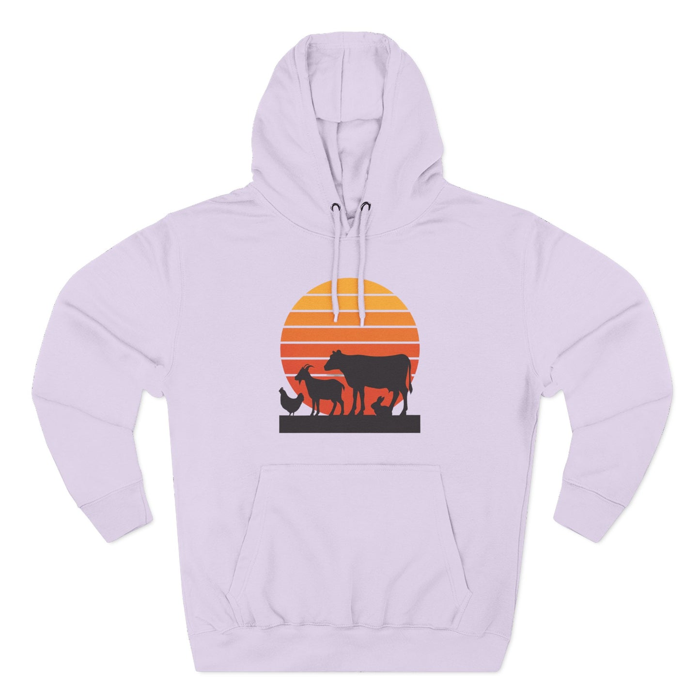 Sunset Farm Animals Hoodie — Retro Cow, Horse & Chicken Graphic
