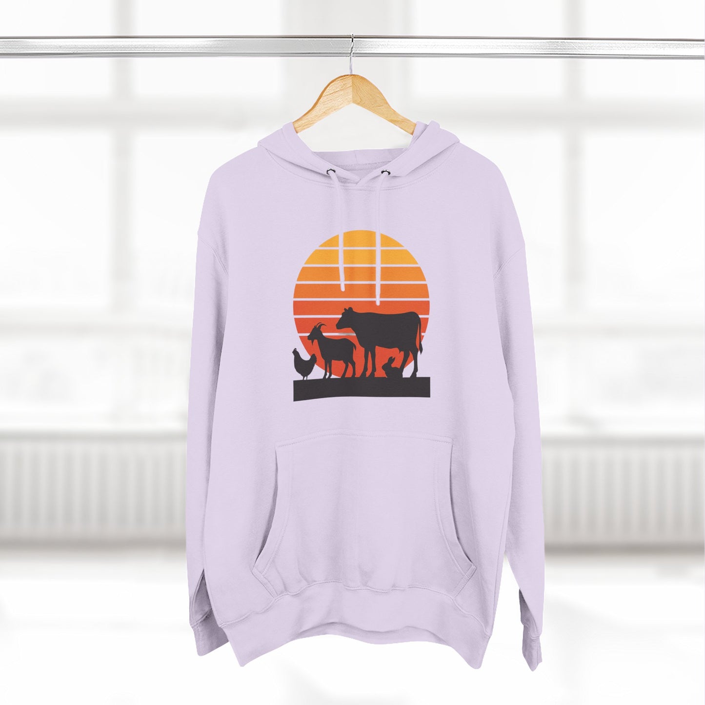 Sunset Farm Animals Hoodie — Retro Cow, Horse & Chicken Graphic