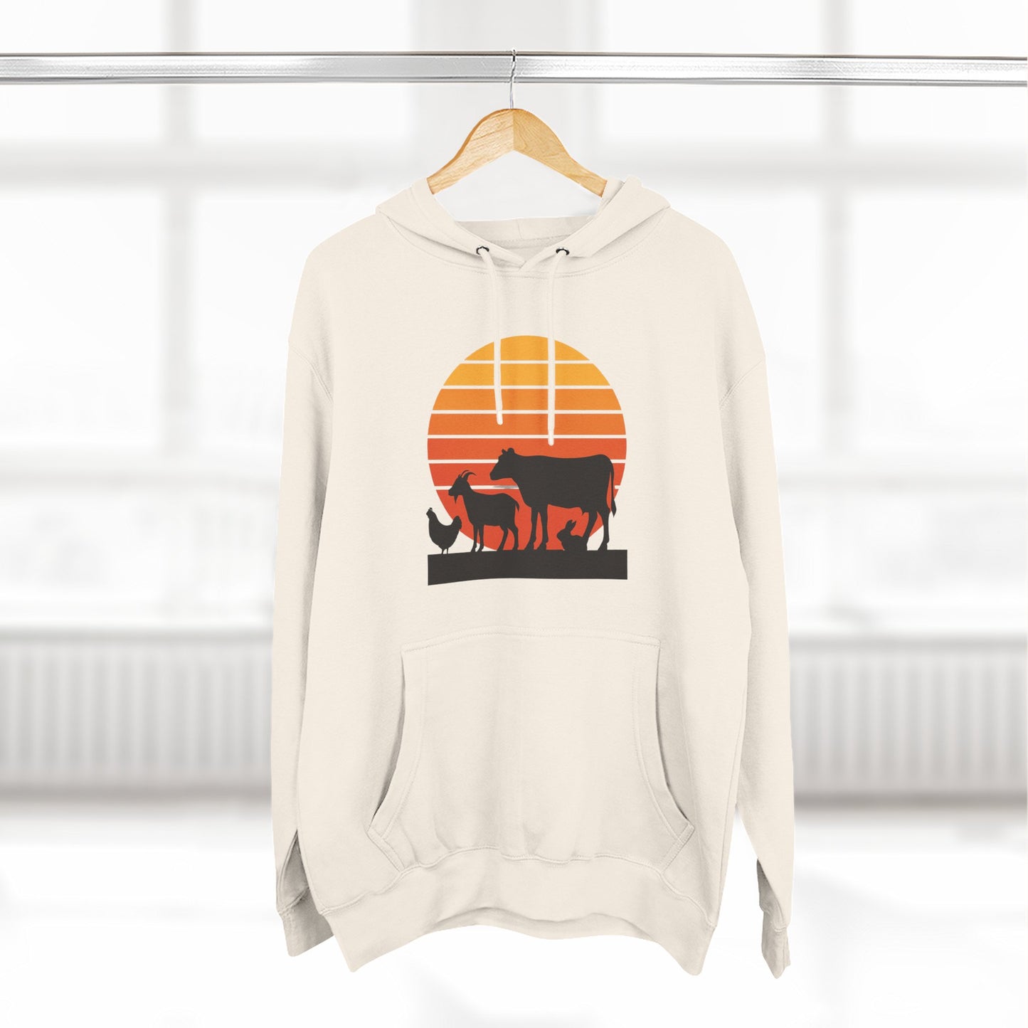 Sunset Farm Animals Hoodie — Retro Cow, Horse & Chicken Graphic