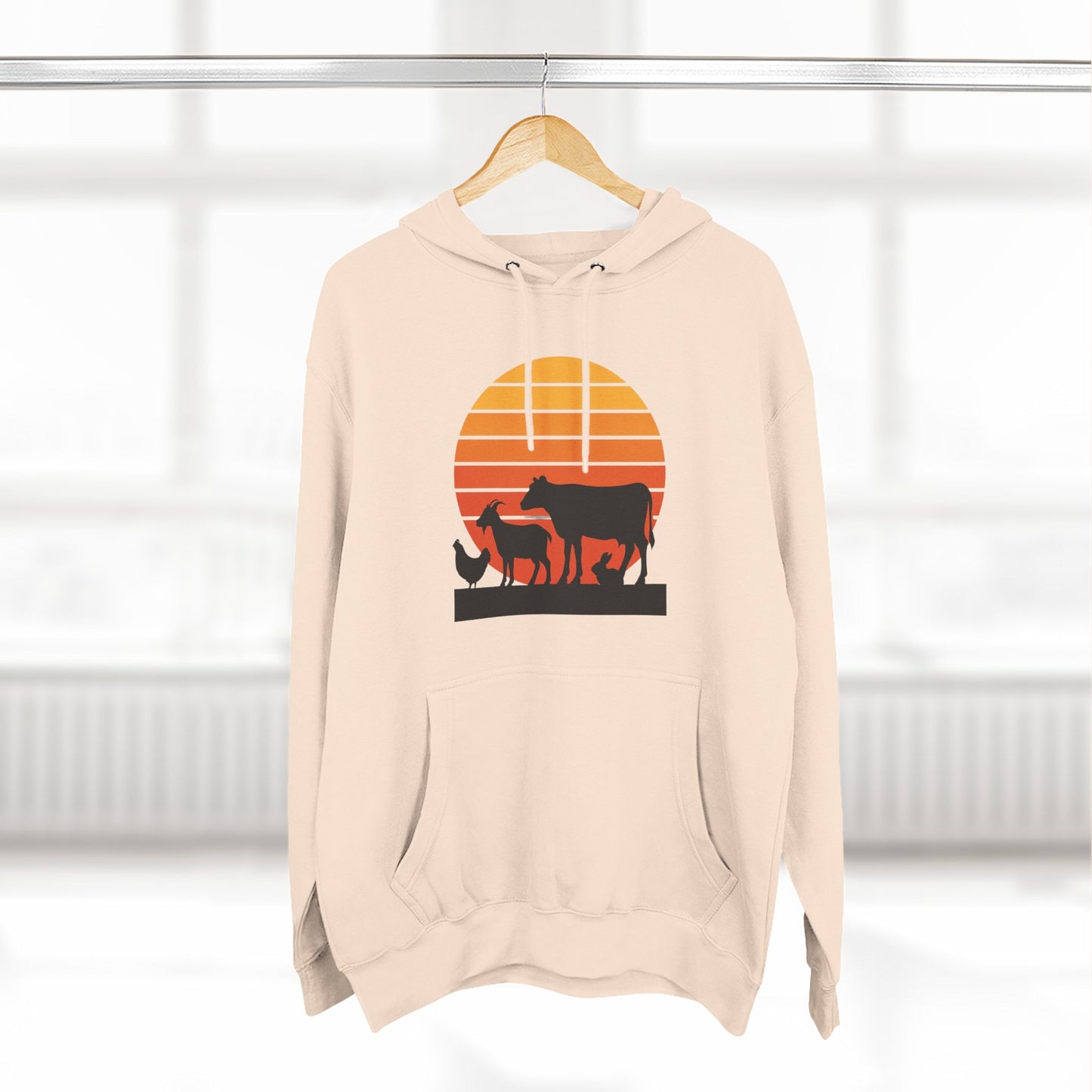 Sunset Farm Animals Hoodie — Retro Cow, Horse & Chicken Graphic