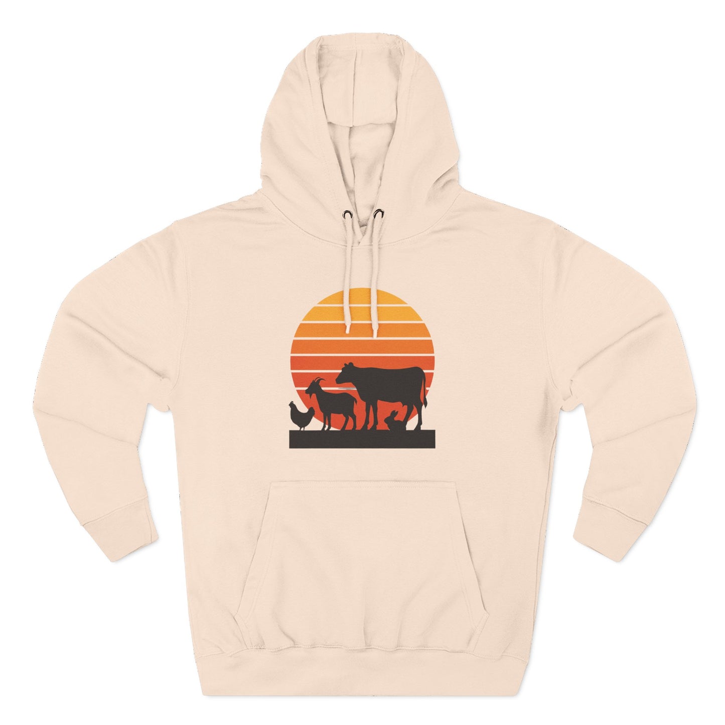 Sunset Farm Animals Hoodie — Retro Cow, Horse & Chicken Graphic