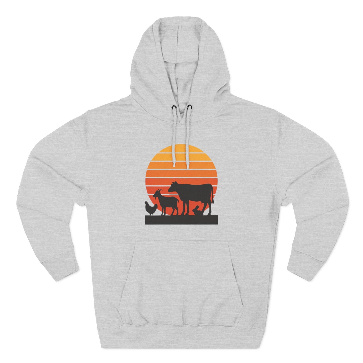 Sunset Farm Animals Hoodie — Retro Cow, Horse & Chicken Graphic