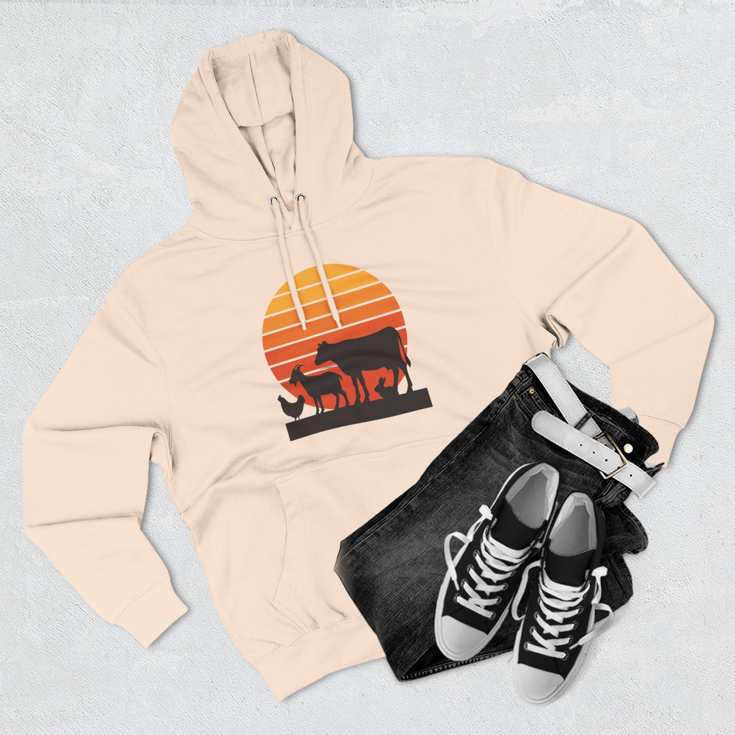 Sunset Farm Animals Hoodie — Retro Cow, Horse & Chicken Graphic